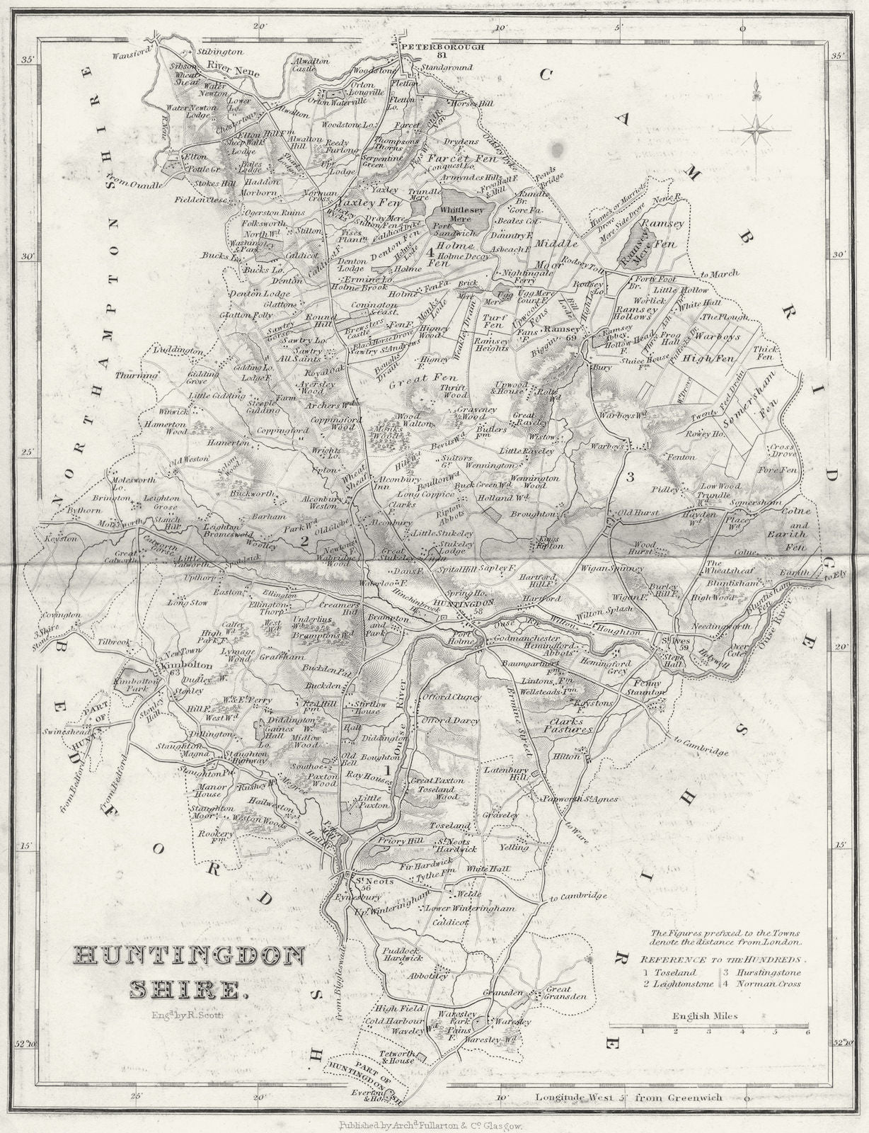 HUNTS. Huntingdonshire. Fullarton 1844 old antique vintage map plan chart